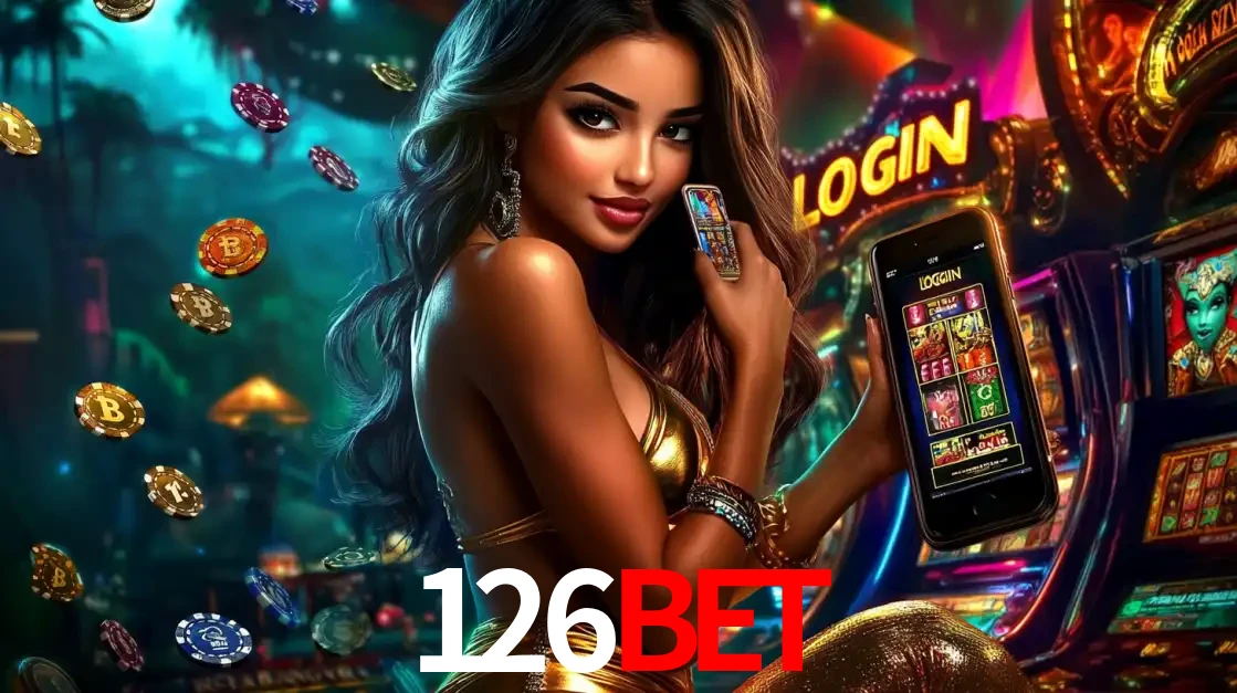 Mulher em um cenário de cassino temático de aventura, mostrando o app de caça-níqueis da 126BET no celular. Fichas de apostas flutuam ao redor.