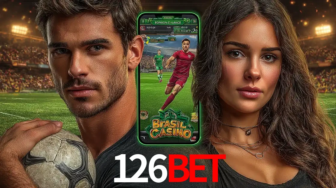 Homem segurando uma bola de futebol e uma mulher ao lado de um smartphone exibindo o jogo de apostas esportivas da 126BET. Faça seu palpite no cassino online.
